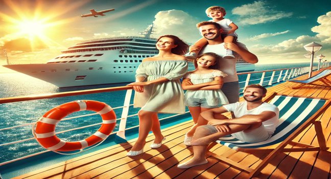 A family enjoying a cruise holiday on the ship's deck, overlooking the open sea with deck chairs and a bright, sunny sky, evoking a sense of relaxation and joy