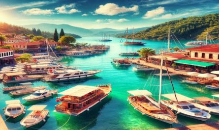 A picturesque view of Fethiye’s marina filled with boats, clear turquoise waters, lush green hills, and traditional buildings under a bright, sunny sky