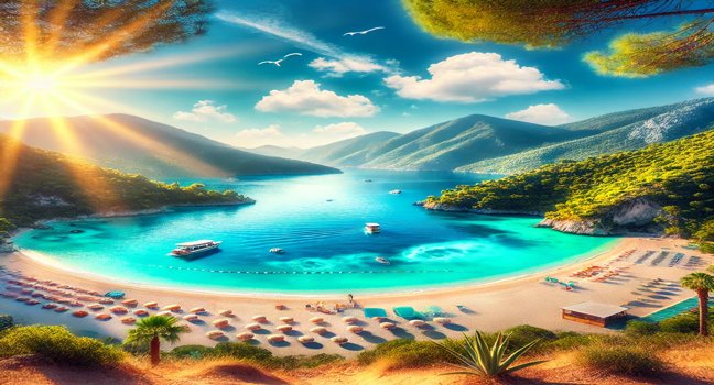 Experience Oludeniz in Fethiye with its iconic Blue Lagoon, turquoise waters, surrounding green mountains, and a sandy beach under a clear, sunny sky