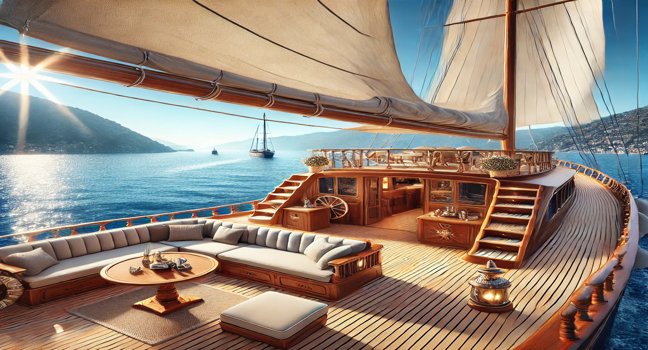 A view of a traditional gulet yacht showcasing its wooden craftsmanship, deck space, cabins, and sails, set on calm blue waters with a scenic coastline under a bright sky