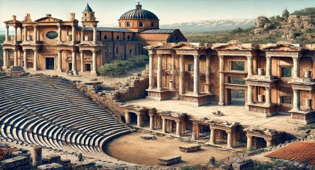 A depiction of the historic Roman theater of Aspendos and the Church of St. Nicholas in Antalya, showcasing their grand architecture against blue skies and greenery