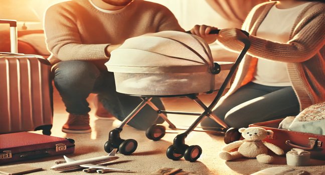 A cozy scene of holiday preparation with a baby, featuring a stroller, luggage, and baby essentials, evoking readiness and family travel excitement