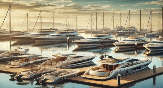 Various motor yachts of different sizes docked at a marina, showcasing options for choosing the ideal boat size