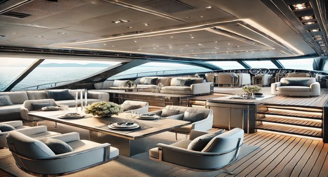 A luxurious yacht interior with modern furnishings, a spacious lounge, a high-end dining area, and panoramic ocean views, embodying opulence and comfort