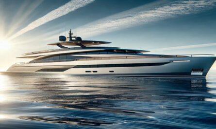 A sleek, modern yacht sailing on calm blue waters with contemporary design and luxurious details, set against a serene ocean backdrop under a bright, sunny sky