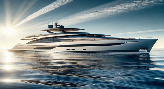 A sleek, modern yacht sailing on calm blue waters with contemporary design and luxurious details, set against a serene ocean backdrop under a bright, sunny sky