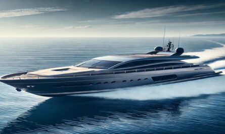 A modern motor yacht gliding over calm waters, showcasing sleek lines and luxury