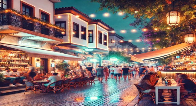 A lively scene of Antalya’s nightlife featuring illuminated bars, cafes, and people socializing on a cobblestone street with traditional architecture and a festive atmosphere