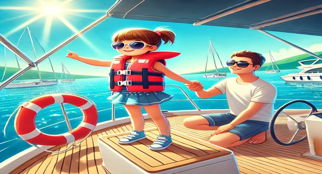  A scene showing children on a yacht wearing life jackets with an adult supervising, set against clear blue waters and a sunny sky, highlighting safety and fun during yacht charters