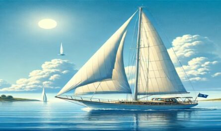 A classic sailboat with billowing white sails gliding over calm blue waters under a sunny sky, evoking peace and the joy of sailing