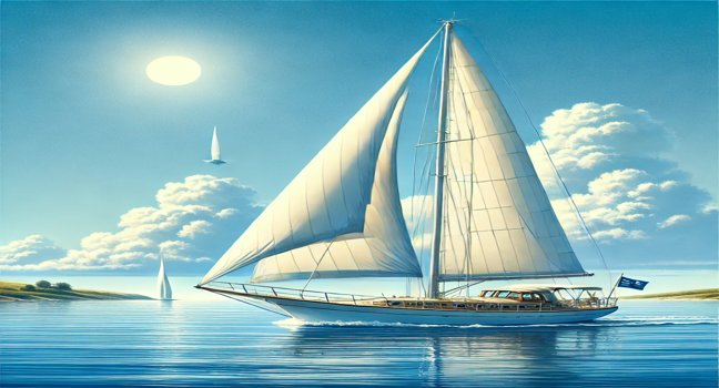 A classic sailboat with billowing white sails gliding over calm blue waters under a sunny sky, evoking peace and the joy of sailing