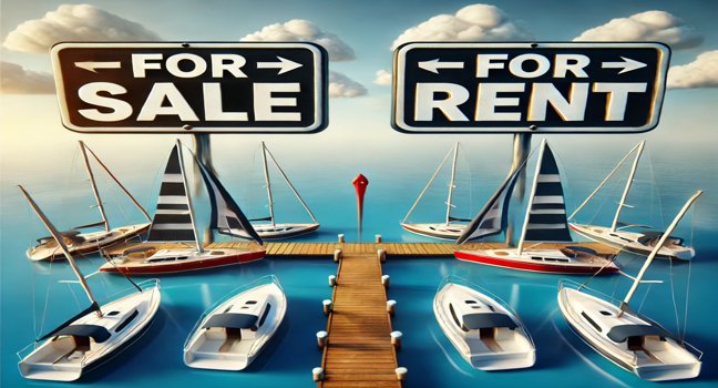 A marina scene with two sailboats, one marked 'For Sale' and the other 'For Rent', set against clear blue waters and a sunny sky, illustrating the choice between sailboat ownership and rental