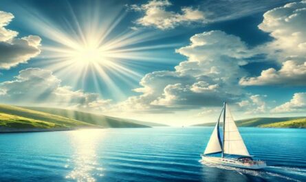 A sailboat gliding across calm, clear blue waters under a sunny sky, with a picturesque coastline and rolling green hills in the background