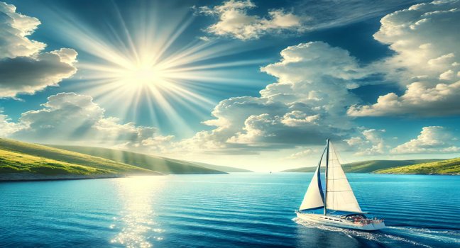 A sailboat gliding across calm, clear blue waters under a sunny sky, with a picturesque coastline and rolling green hills in the background