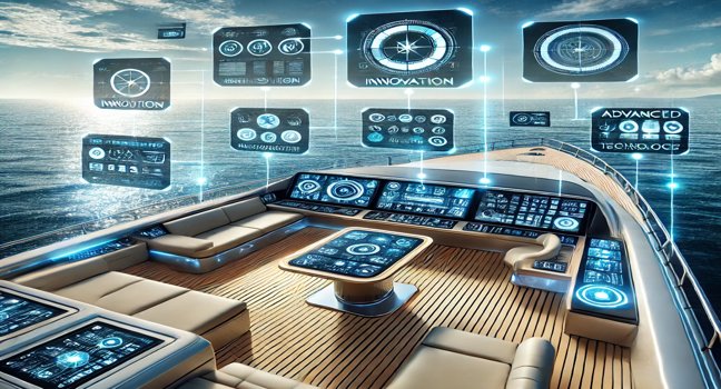 A yacht deck featuring digital touch panels, sleek navigation systems, and advanced control screens, showcasing innovation and luxury on the open sea under a clear sky. 