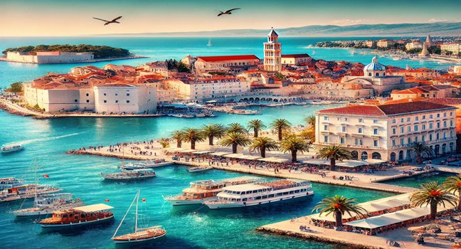 View of Split, Croatia, featuring Diocletian's Palace, scenic harbor, Mediterranean architecture, and crystal blue coastline