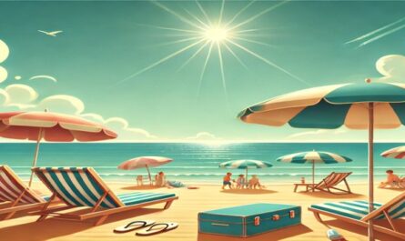 A sandy beach with lounge chairs, umbrellas, and a calm sea under a sunny sky, capturing the essence of a relaxing summer vacation