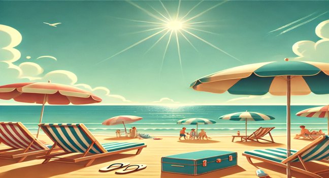 A sandy beach with lounge chairs, umbrellas, and a calm sea under a sunny sky, capturing the essence of a relaxing summer vacation