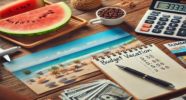 A desk setup with a notepad, calculator, and travel brochures for summer vacation budget planning, complemented by a beach view, pen, and coffee cup, symbolizing organized preparation