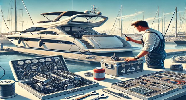 A technical service scene showing a professional performing yacht maintenance and repair tasks in a marina, surrounded by tools and other docked yachts under a sunny sky