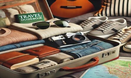 A well-packed suitcase with clothes, a guidebook, a map, sunglasses, and a camera, set in a cozy room to inspire excitement and readiness for a journey