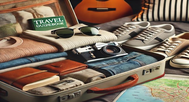 A well-packed suitcase with clothes, a guidebook, a map, sunglasses, and a camera, set in a cozy room to inspire excitement and readiness for a journey