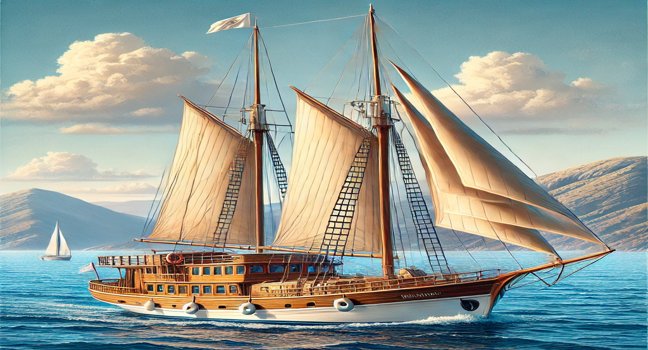 A traditional Tirhandil yacht with a long wooden hull and hoisted sails, sailing on calm blue waters with a picturesque coastline and sunny sky in the background