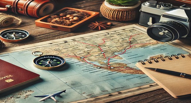 Detailed trip route planning with map, compass, and notes, capturing the essentials of organizing a journey