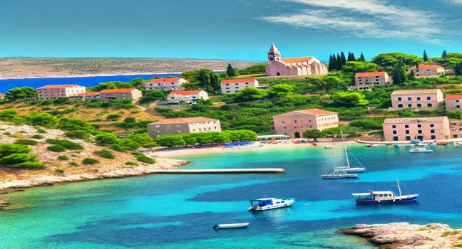 Trip to Croatia showcasing stunning coastline, historic architecture, boats anchored in a clear blue bay, and lush landscapes