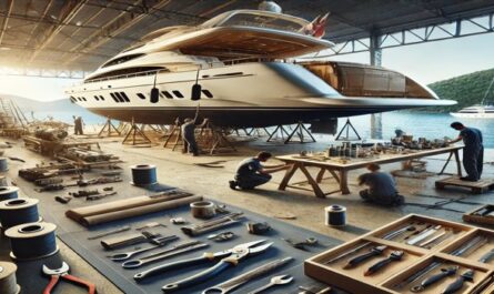 Detailed view of a yacht under construction, showcasing skilled craftsmanship, tools, and materials in a coastal shipyard