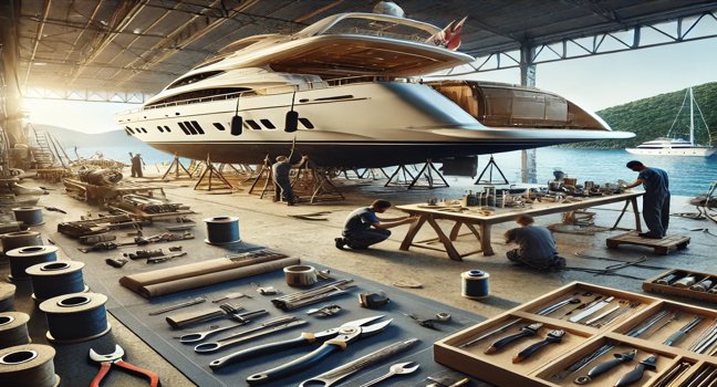 Detailed view of a yacht under construction, showcasing skilled craftsmanship, tools, and materials in a coastal shipyard