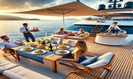 Experience the elegance of a crewed yacht charter, with attentive service and stunning ocean views