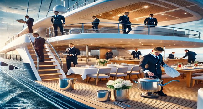 Yacht crew performing essential duties, including guest services, deck maintenance, and navigation on a luxury charter