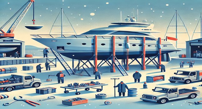 A winter scene showing yacht maintenance in a dry dock, with workers preparing and inspecting the yacht surrounded by frost and light snow, ensuring readiness for off-season storage