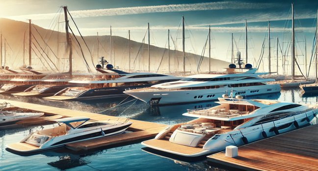 Multiple yacht types docked at a marina, including motor yachts, sailing yachts, and catamarans, each showcasing unique designs and sizes