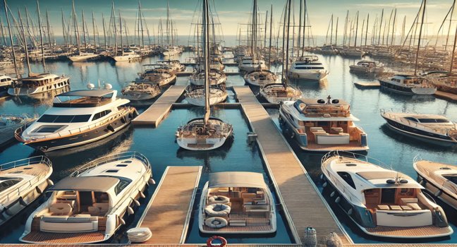 Various yacht types, including motor yachts, sailboats, and catamarans, docked along a calm waterfront with distinct designs and sizes