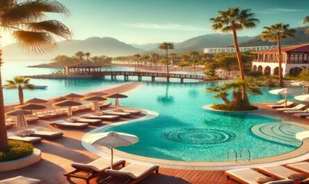 Ein luxuriöser Poolbereich in Antalya mit Blick auf türkisblaues Wasser, umgeben von Sonnenliegen und Palmen, ideal für Entspannung im All-Inclusive-Urlaub