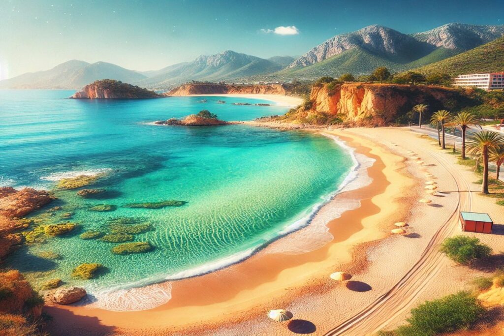 Ein goldener Sandstrand in Antalya, gesäumt von klarem, türkisfarbenem Wasser und grünen Hügeln unter einem strahlend blauen Himmel