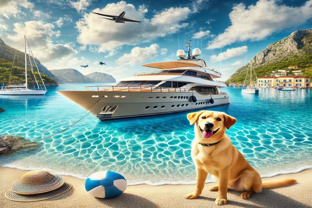 Eine beeindruckende Darstellung beliebter Destinationen für einen Yachturlaub mit Hunden, featuring eine luxuriöse Yacht in einer malerischen Bucht, in der ein glücklicher Hund auf dem Deck spielt