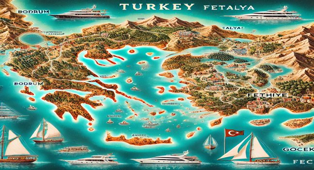 A beautiful map highlighting Turkey's top yacht holiday destinations, including Bodrum, Antalya, Fethiye, and Gocek, showcasing turquoise waters and scenic coastlines