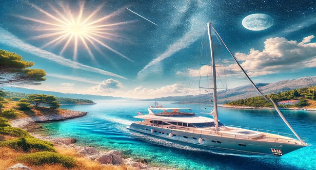 A yacht gliding along Croatia’s coastline under sunny skies, with clear waters and vibrant landscapes, perfect for a scenic Croatian yacht holiday