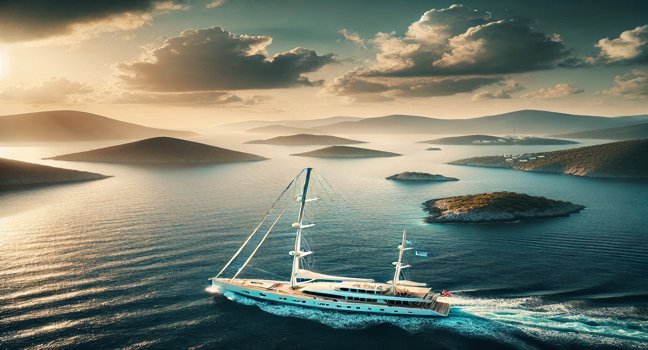 A yacht sails through Greece's serene coastal waters, with islands, cliffs, and a clear sky in the background, capturing the beauty of Greek yacht routes