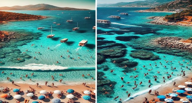 A comparative view highlighting Bodrum’s clear turquoise waters and tranquil beaches alongside Antalya’s vibrant blue seas, lively beaches, and rocky cliffs, showcasing the unique qualities of both coastal destinations