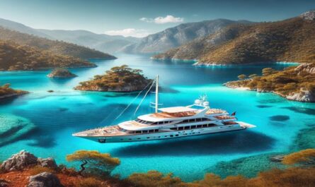 Eine luxuriöse Yacht ankert in der ruhigen, türkisblauen Lagune von Fethiye, umgeben von grünen Hügeln und strahlend blauem Himmel