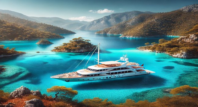 Eine luxuriöse Yacht ankert in der ruhigen, türkisblauen Lagune von Fethiye, umgeben von grünen Hügeln und strahlend blauem Himmel