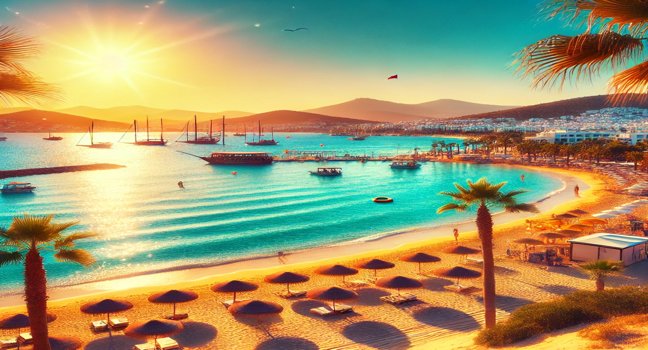 A stunning view of Bodrum’s beaches with golden sands, turquoise waters, and sunlit landscapes, showcasing the beauty of Bodrum’s coastline