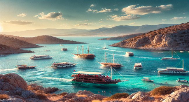 A scenic view of boats cruising along Bodrum’s coastline, with clear waters, rugged cliffs, and a sunlit sky, capturing the essence of a Bodrum boat adventure