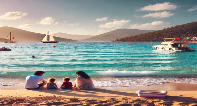 A family enjoying a peaceful beach in Bodrum with gentle waves, sandy shores, and clear skies, highlighting Bodrum’s family-friendly holiday atmosphere