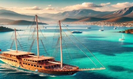 Ein traditioneller Gulet segelt im türkisfarbenen Wasser von Bodrum, ideal für einen unvergesslichen Bodrum Urlaub