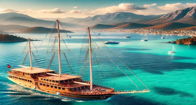 Ein traditioneller Gulet segelt im türkisfarbenen Wasser von Bodrum, ideal für einen unvergesslichen Bodrum Urlaub